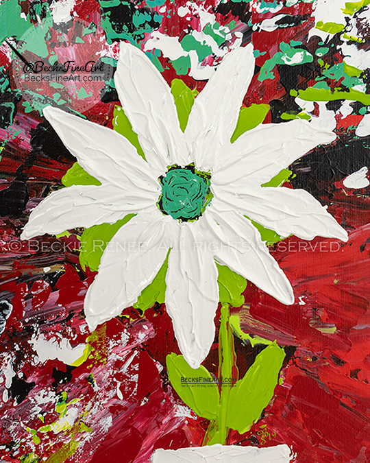 giant white flower painted in acrylic with heavy gloss gel texture medium