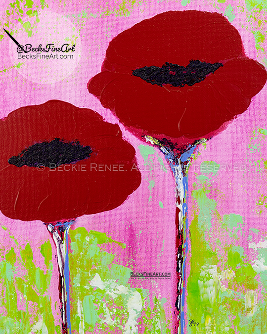 two red poppie flowers painted in acrylics with gloss gel texture medium